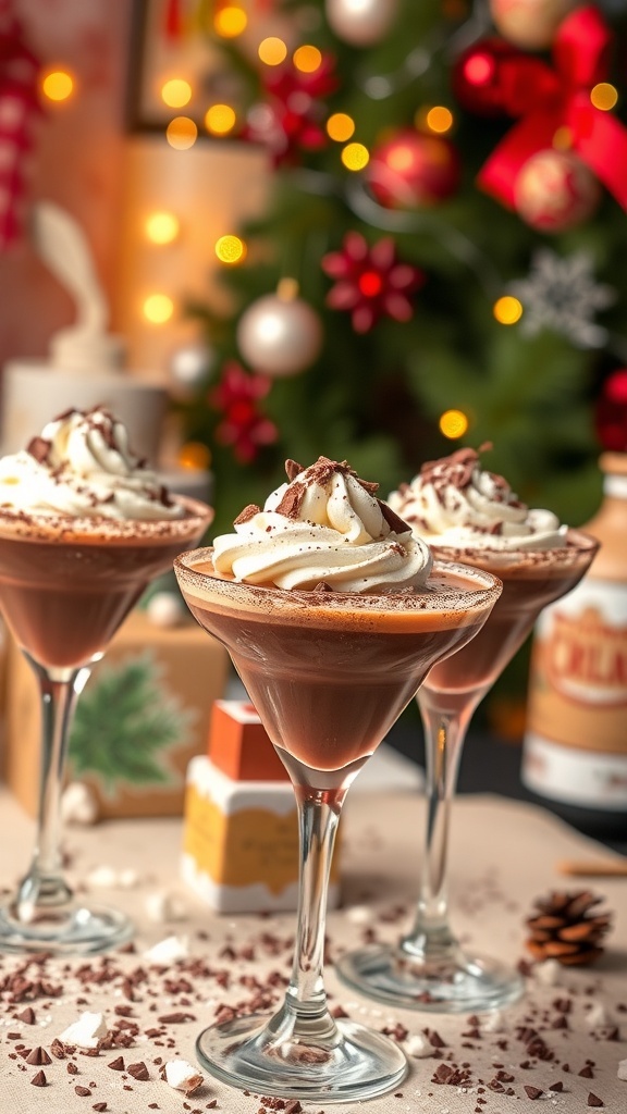 Elegant chocolate cocktails with whipped cream and chocolate shavings, set against a festive holiday backdrop.